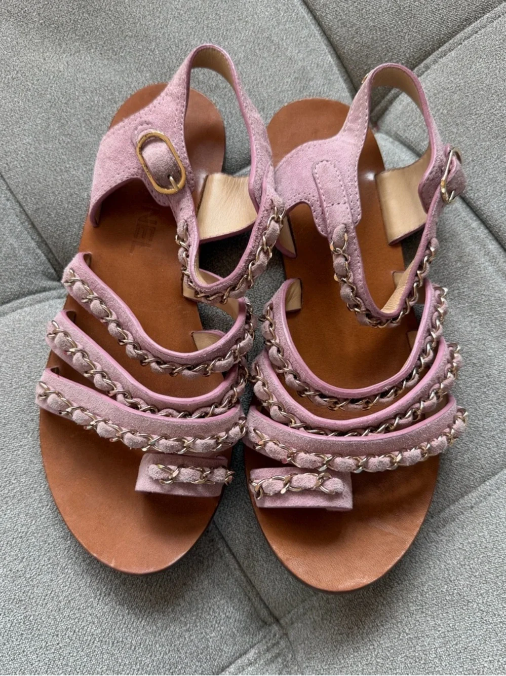 Chanel CC logo chain strap sandals gladiator flats shoes pink suede leather 37